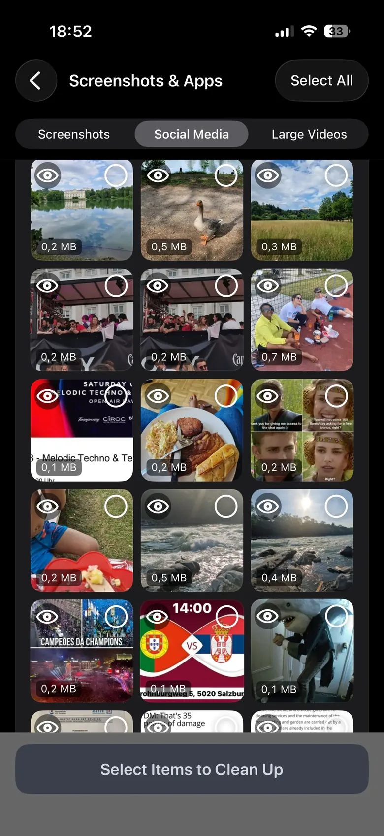 The Screenshots & Apps screen: tabs for Screenshots, Social Media and Large Videos with Social Media selected, and a grid of received images and videos, each with its size printed on the thumbnail, a preview eye and a selection circle.
