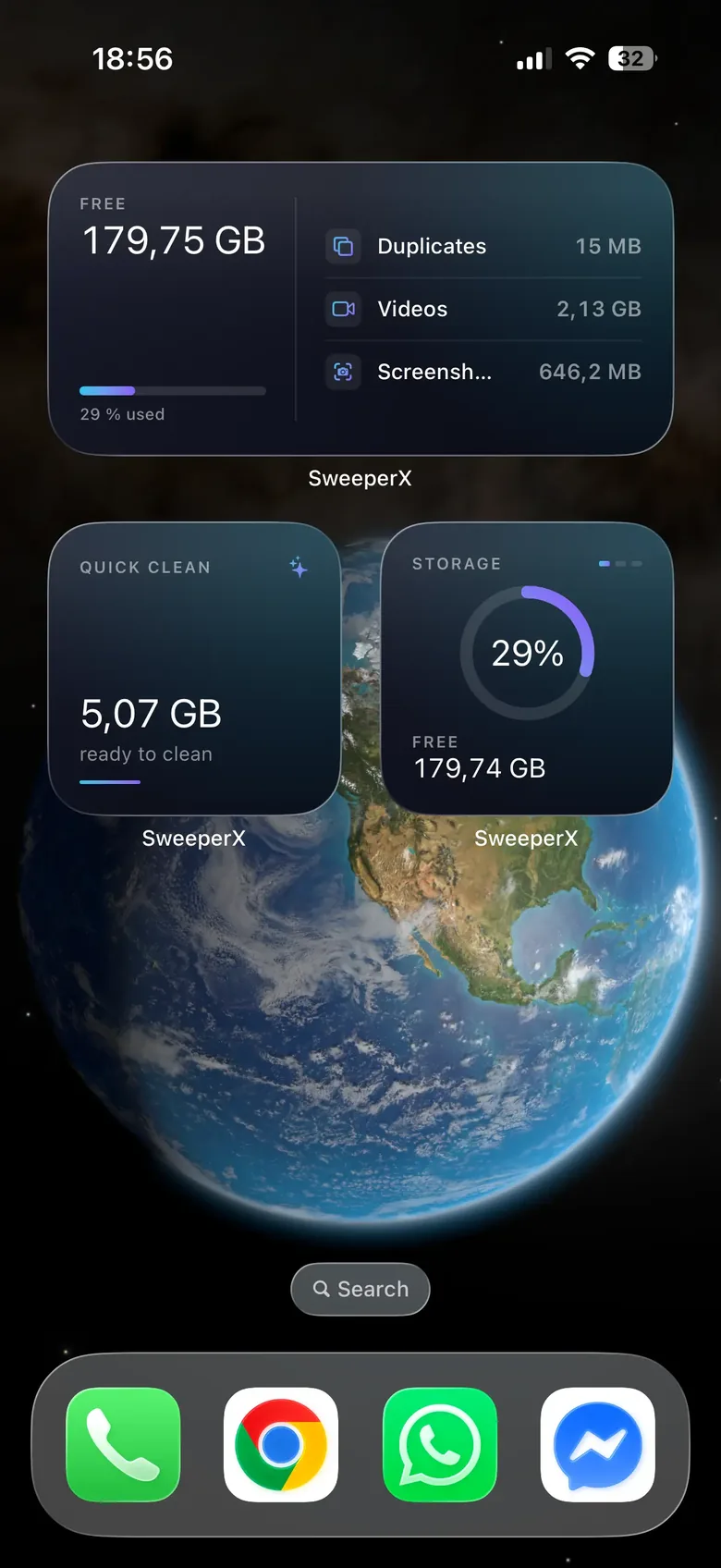 An iPhone Home Screen with three SweeperX widgets: a medium widget reading 179.75 GB free, 29% used, with Duplicates 15 MB, Videos 2.13 GB and Screenshots 646.2 MB; a small Quick Clean widget reading 5.07 GB ready to clean; and a small Storage widget with a 29% ring and 179.74 GB free.