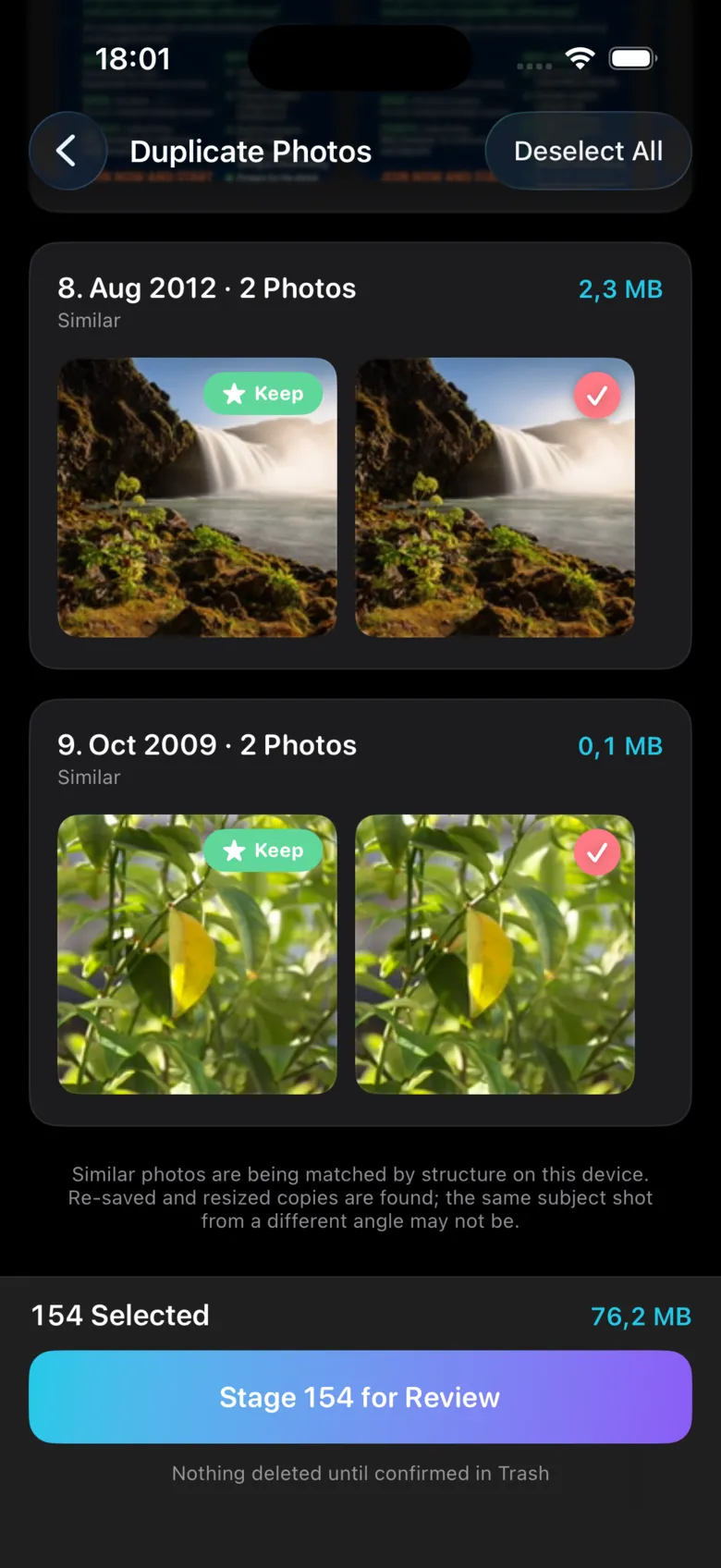 The Duplicates & Similar screen: two similar shots of a waterfall side by side, the sharper one badged Keep and the other ticked for removal, above a bar reading 154 selected, 76.2 MB, Stage 154 for Review.