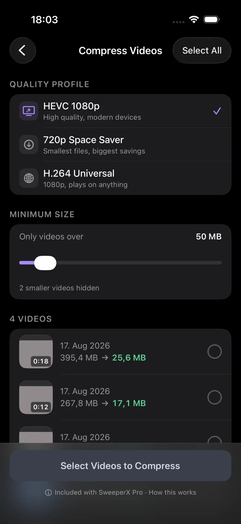 The Compress Videos screen: three quality profiles (HEVC 1080p, 720p Space Saver, H.264 Universal), a minimum-size slider set to 50 MB, and per-video estimates such as 395.4 MB reducing to 25.6 MB.