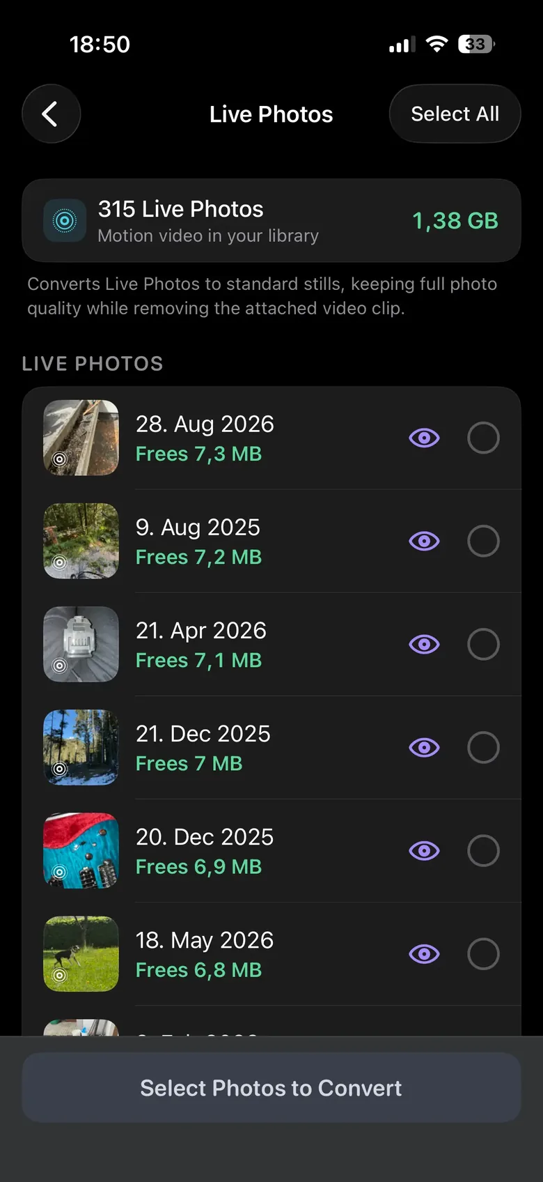 The Live Photos screen: a header reading 315 Live Photos, motion video in your library, 1.38 GB, and a list where each Live Photo shows the space converting it would free &mdash; 7.3 MB, 7.2 MB, 7.1 MB, 7 MB, 6.9 MB, 6.8 MB.