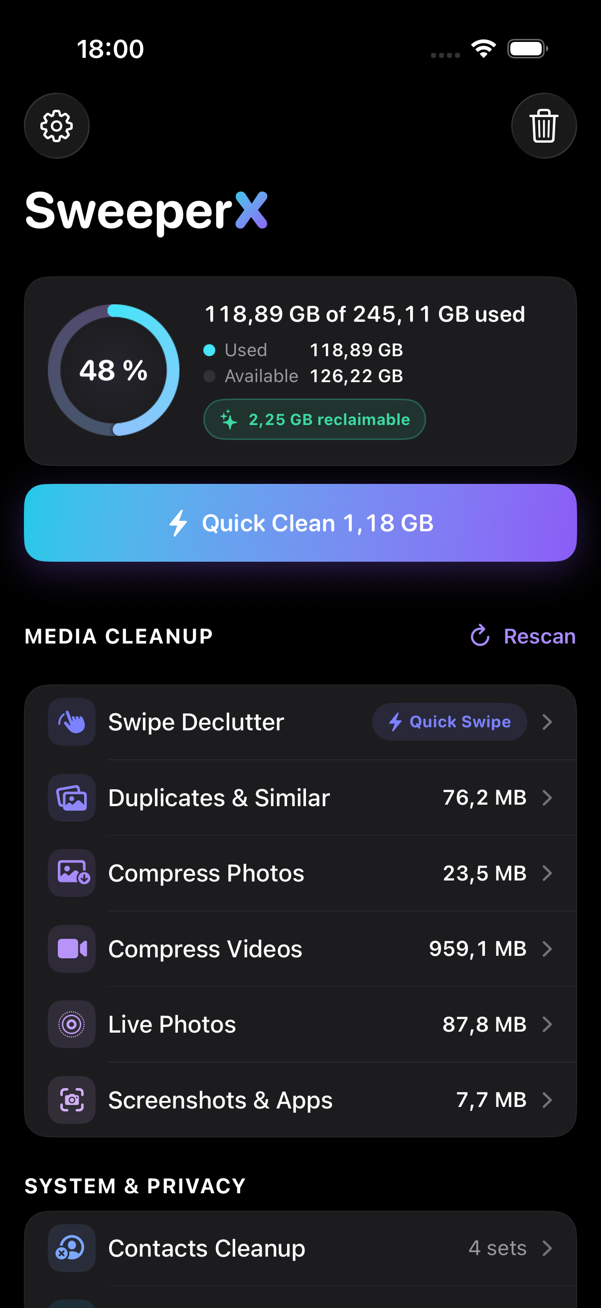The SweeperX dashboard: a storage gauge reading 48% and 118.89 GB of 245.11 GB used, 2.25 GB marked reclaimable, and the Media Cleanup list — Swipe Declutter, Duplicates & Similar, Compress Photos, Compress Videos, Live Photos, Screenshots & Apps.