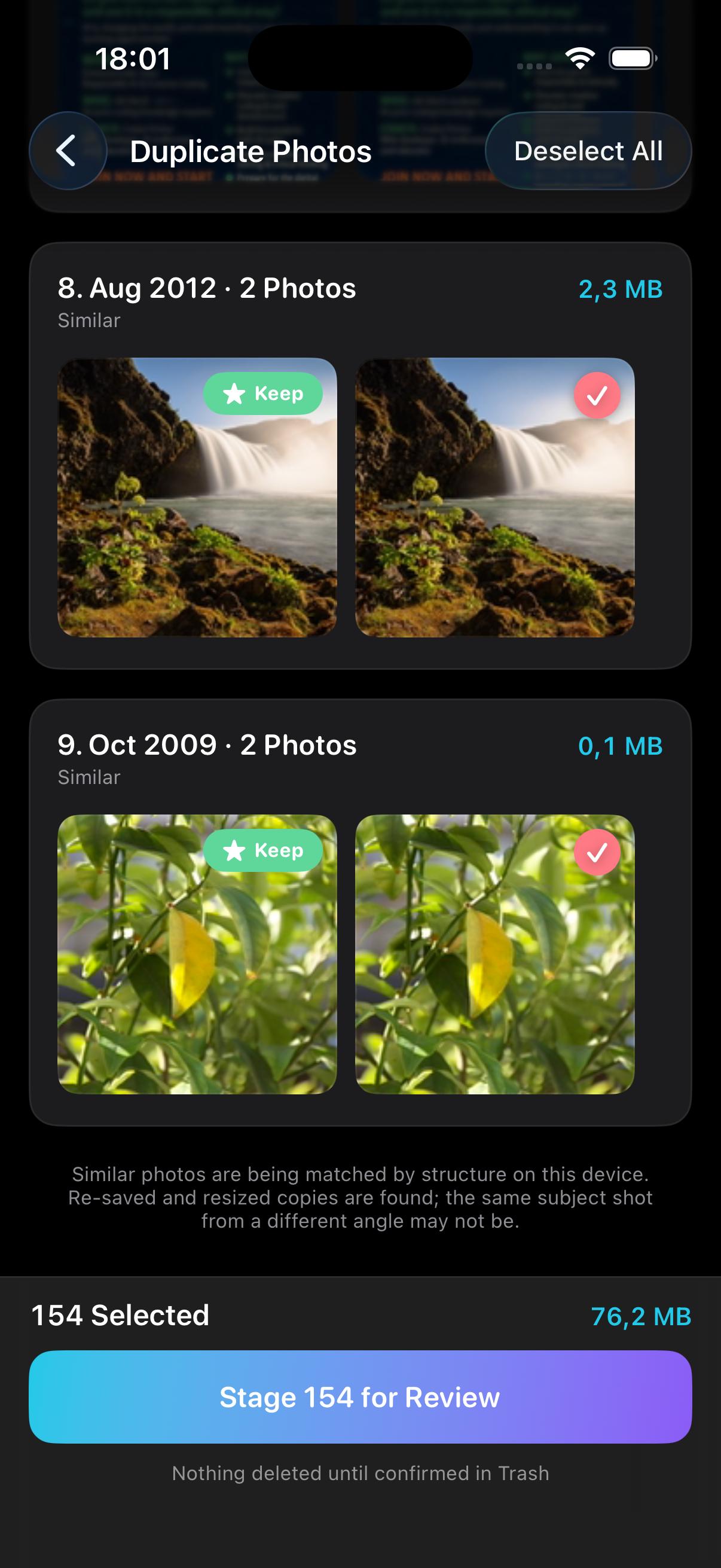The Duplicates & Similar screen: two similar shots of a waterfall side by side, the sharper one badged Keep and the other ticked for removal, above a bar reading 154 selected, 76.2 MB, Stage 154 for Review.