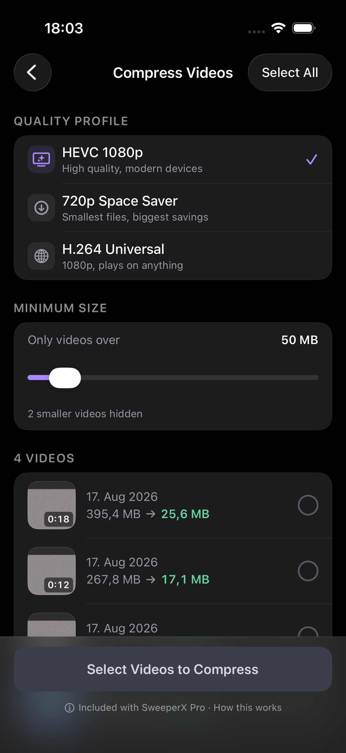 The Compress Videos screen: three quality profiles (HEVC 1080p, 720p Space Saver, H.264 Universal), a minimum-size slider set to 50 MB, and per-video estimates such as 395.4 MB reducing to 25.6 MB.