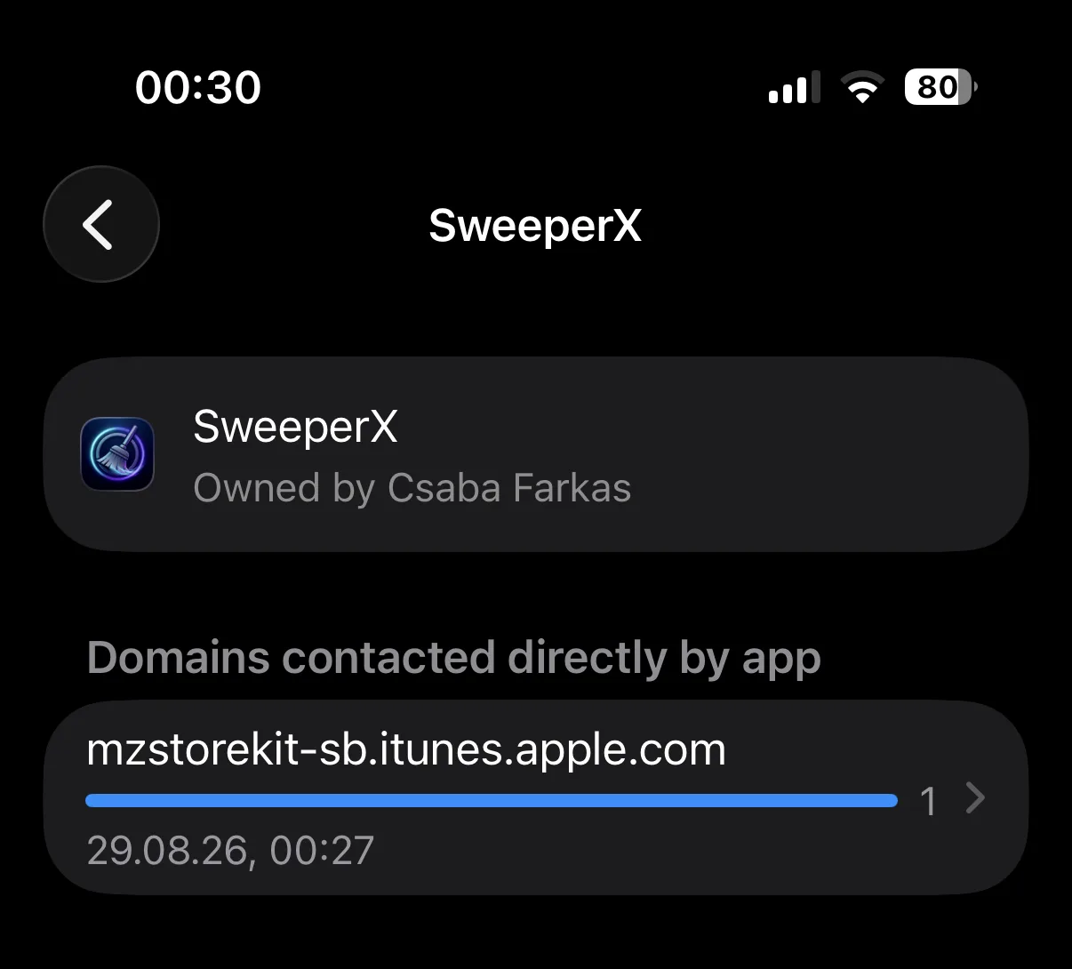 iOS Settings, Privacy & Security, App Privacy Report for SweeperX. Under &ldquo;Domains contacted directly by app&rdquo; there is a single entry, mzstorekit-sb.itunes.apple.com, contacted once. Nothing else is listed.